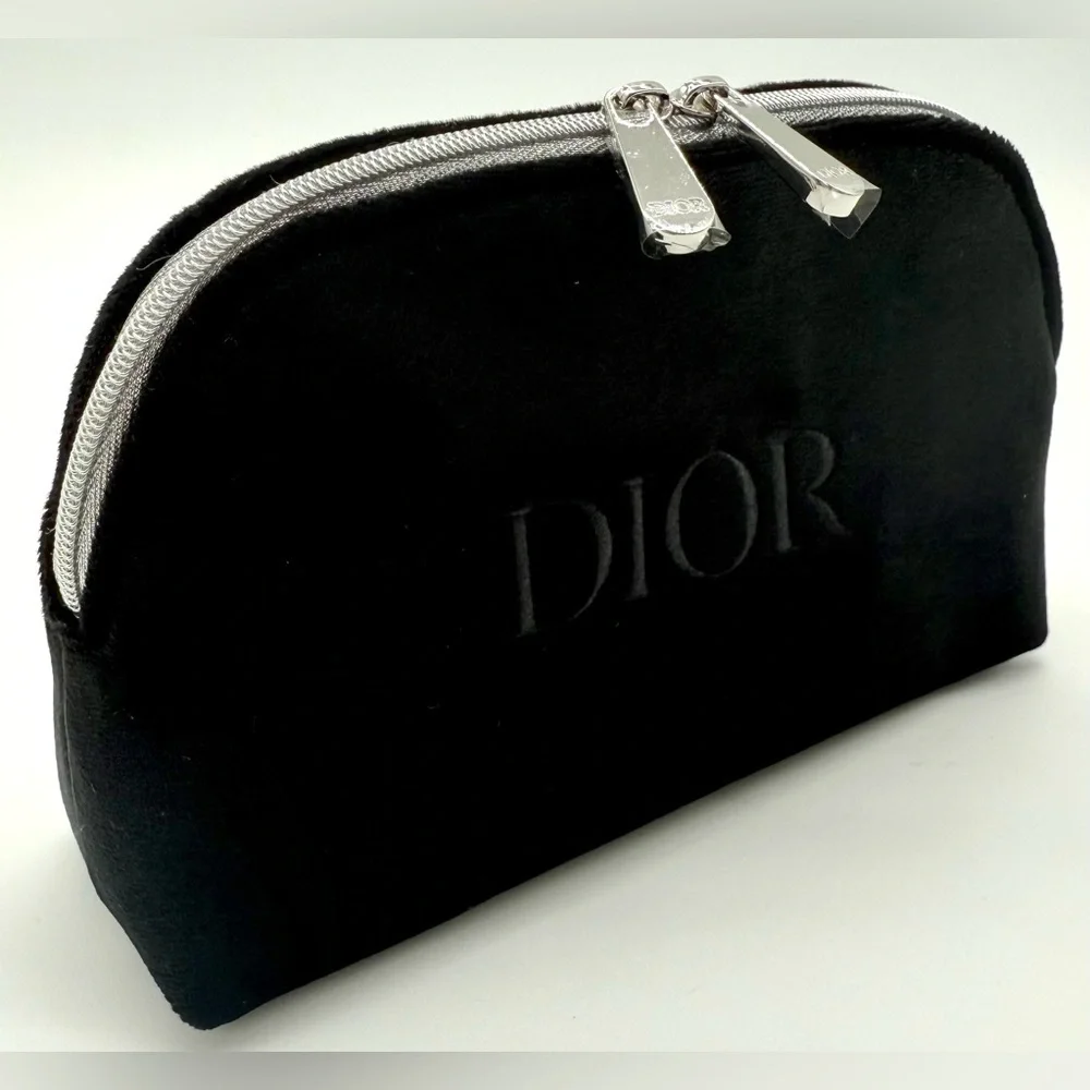 CHRISTIAN DIOR Velvet Embroidered Logo Zippered Luxury Makeup Pouch Bag OS NEW